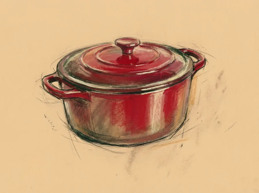 Sketch of Le Creuset 30 cm enamelled cast iron round casserole dish with lid